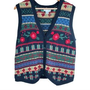 VTG 90s Alfred Dunner Sweater Vest M Floral 3D Knit Granny Retro Cottage Wool